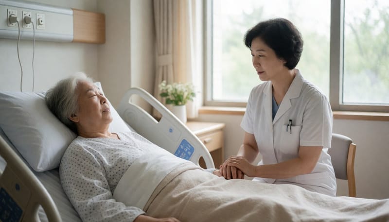 요양병원 병실에서 보호자가 환자의 손을 잡고 곁을 지키는 모습