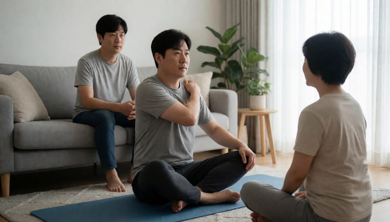 운동 전 어깨와 허리를 스트레칭하는 남성