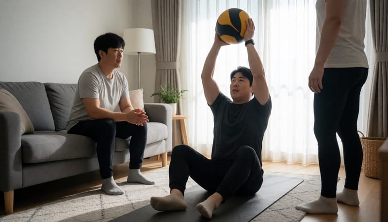 실내에서 메디신볼을 머리 위로 들어 바닥에 내리치는 남성