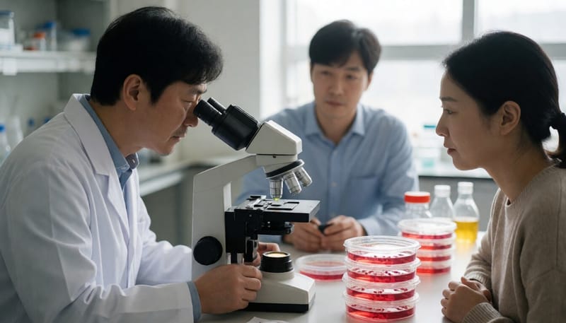 세포 배양 접시를 관찰하는 연구자