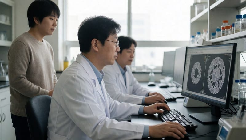실험실에서 세포 이미지를 살펴보는 연구원의 모습