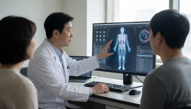 연구자가 모니터에 표시된 가상 인체 모델을 살펴보는 모습