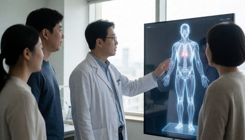 연구자가 화면에 표시된 가상 인체 모델을 살펴보는 모습