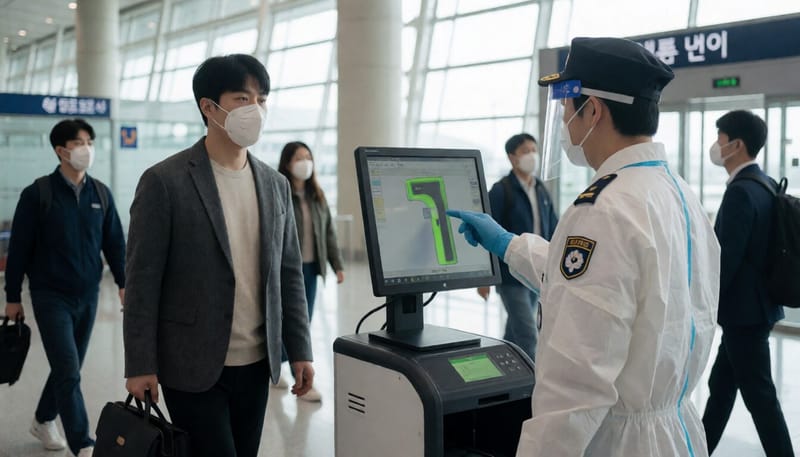공항 검역대에서 발열 감시 장비를 확인하는 검역관의 모습