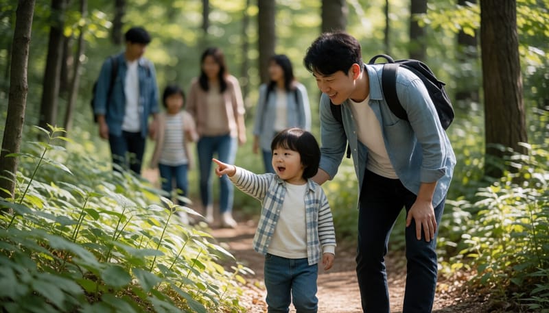 숲길을 걸으며 아이와 함께 자연을 탐색하는 아빠의 모습