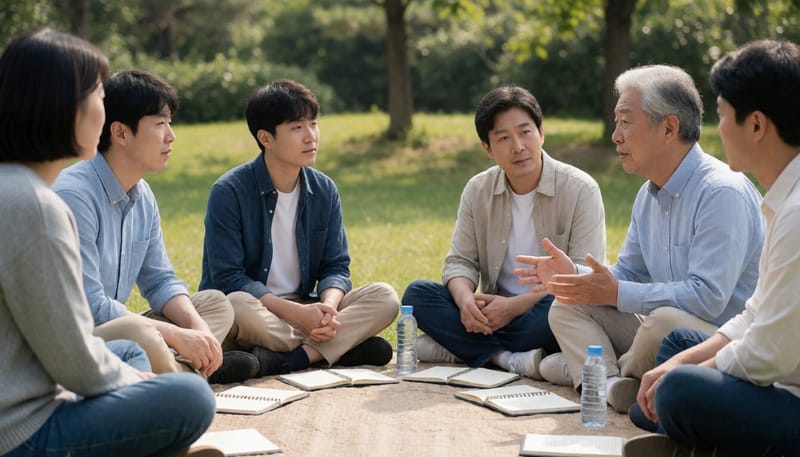 야외에서 둘러앉아 선배 아빠의 조언을 듣는 아빠들의 모습