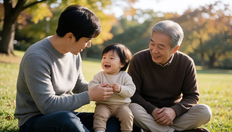 숲속 공원에서 아이와 함께 앉아 있는 아빠와 옆에서 이야기를 나누는 선배 아빠의 모습