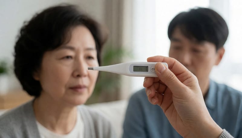 체온계를 확인하는 손 클로즈업
