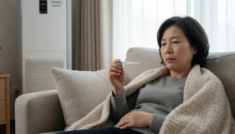 거실 소파에 담요를 덮고 체온계를 들고 있는 여성