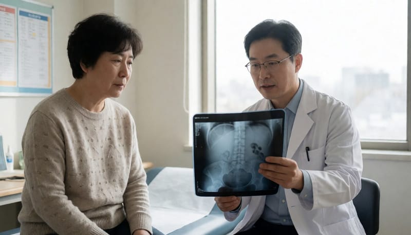 의사가 환자에게 복부 영상 검사 결과를 설명하는 모습