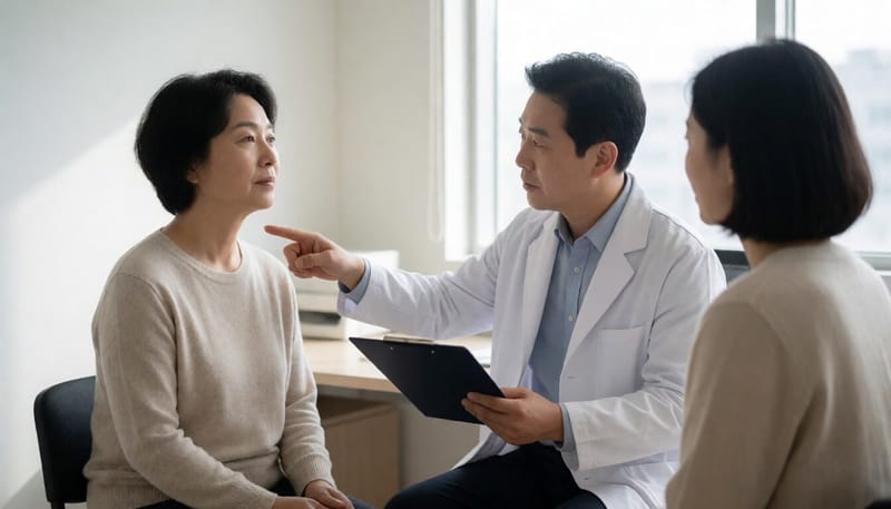 피부과 진료실에서 목 피부를 상담하는 모습