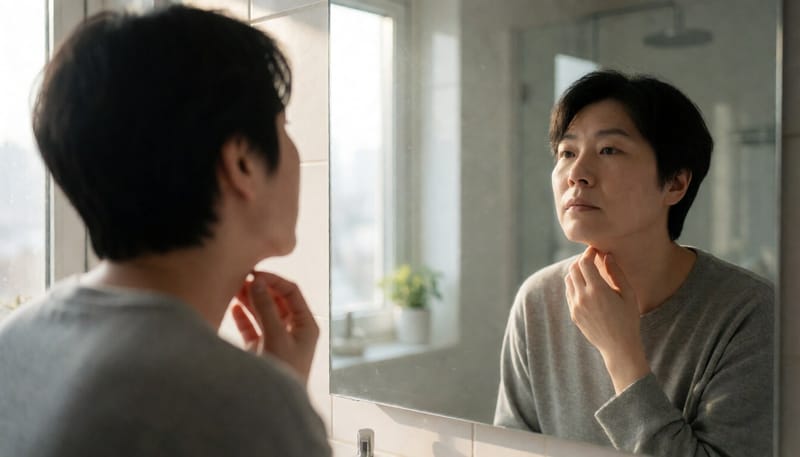 거울 앞에서 목 주변 피부를 살펴보는 모습