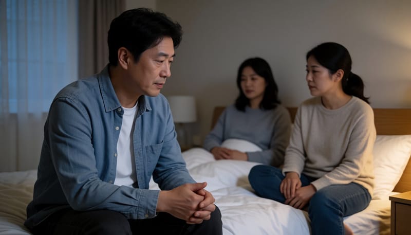 한밤중 침대에 걸터앉아 부어오른 엄지발가락을 감싸쥔 남성