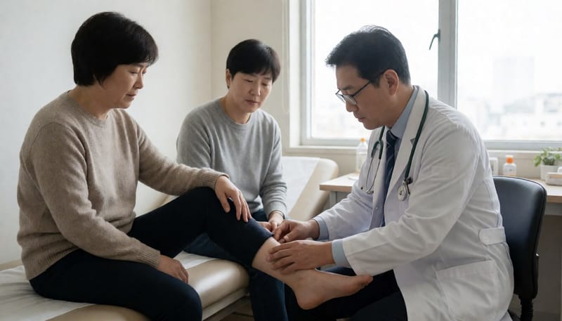 병원에서 의사가 환자의 부어오른 관절 부위를 진찰하는 모습