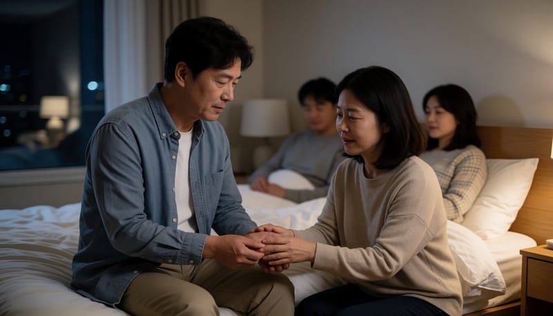 한밤중 침대에 걸터앉아 부어오른 엄지발가락을 감싸쥔 남성