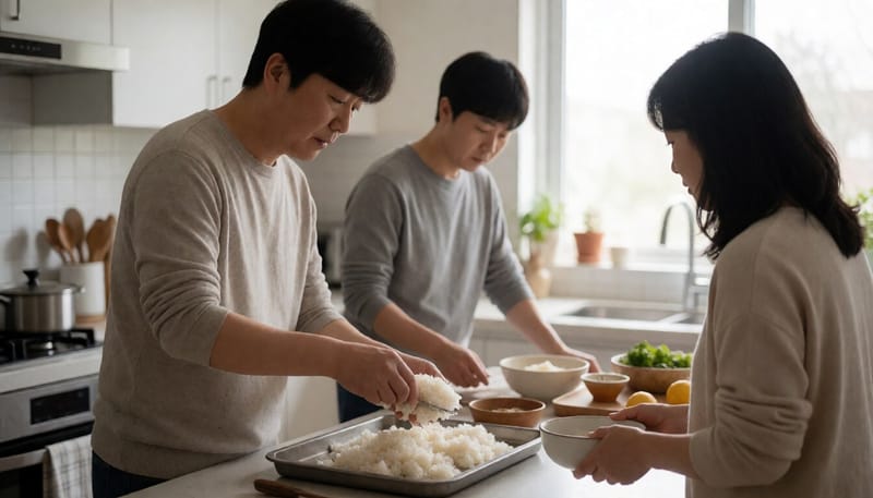 찬밥을 얕은 그릇에 펼쳐 식히는 모습