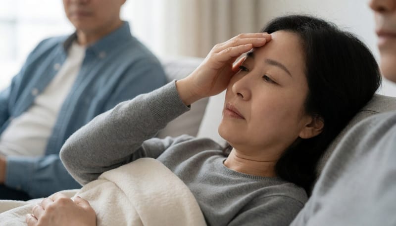 미열과 몸살 기운으로 소파에서 쉬고 있는 여성의 모습