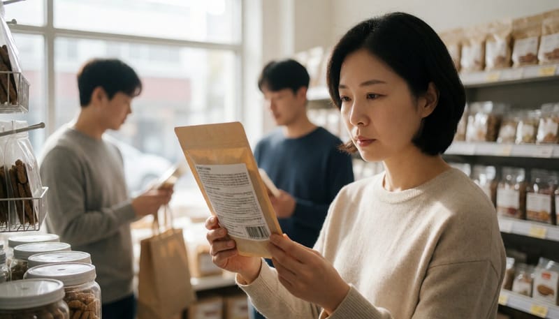 반려동물용품점에서 간식 포장 정보를 확인하는 모습
