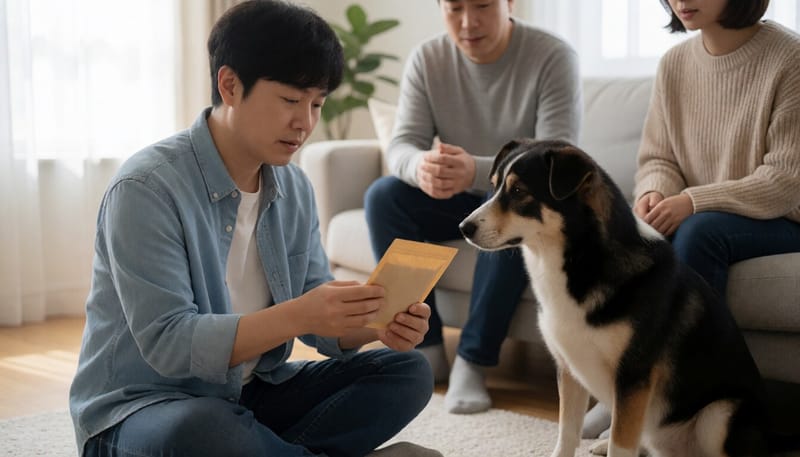 반려견 간식을 살펴보는 보호자와 개의 모습