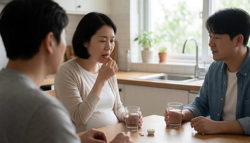 임산부가 철분제를 물과 함께 복용하는 모습