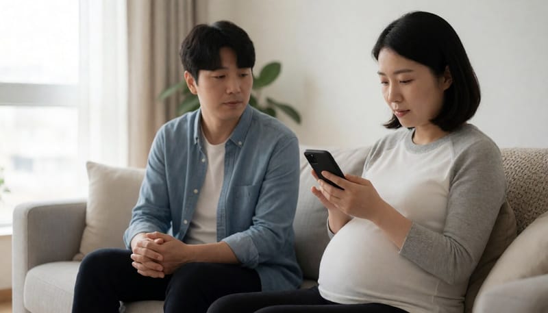 임산부가 온라인으로 영양제 지원을 신청하는 모습