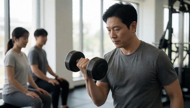 덤벨을 이용해 근력운동을 하는 남성의 모습