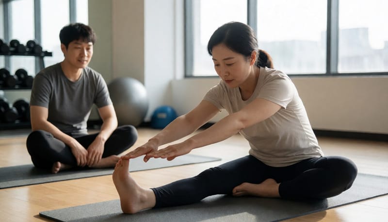 운동 전 스트레칭으로 몸을 준비하는 여성의 모습