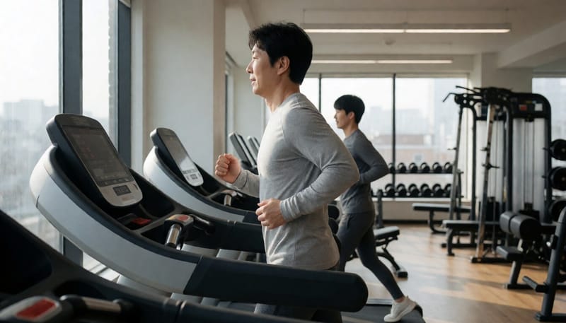 헬스장에서 러닝머신으로 유산소운동을 하는 모습