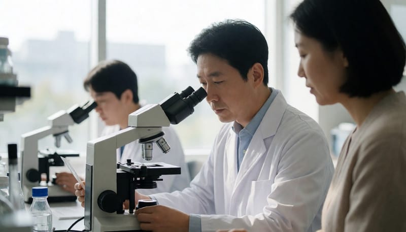 생식건강 연구실에서 현미경으로 시료를 살펴보는 연구원의 모습