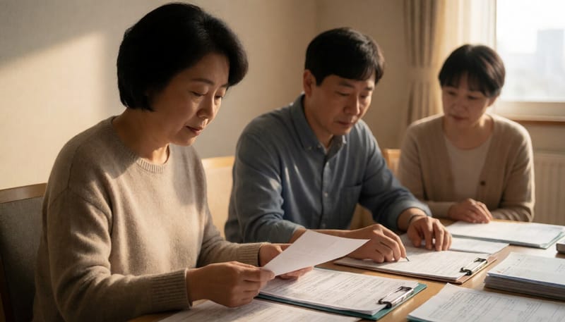집에서 건강검진 및 진료 기록을 정리하는 여성