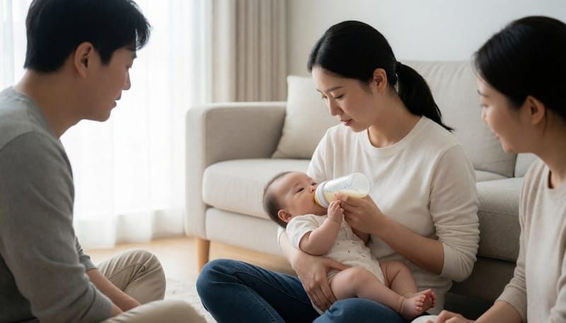 거실에서 아기에게 분유를 먹이는 어머니