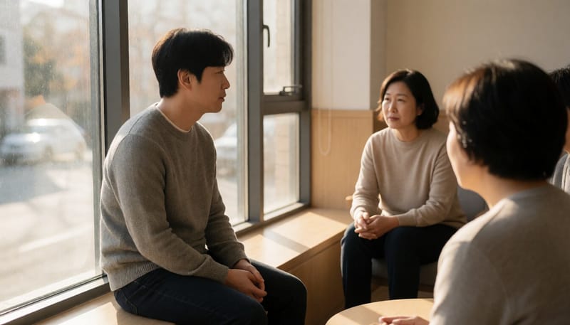상담센터 창가에 홀로 앉아있는 청년