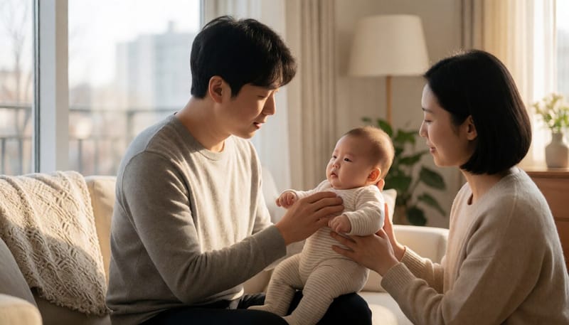 집 안에서 아기를 안고 있는 부모의 모습