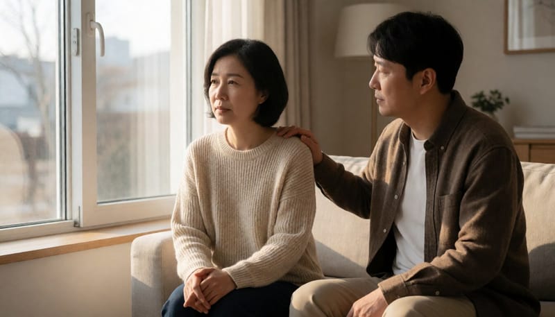 우울증을 겪는 아내를 다독이는 남편의 모습