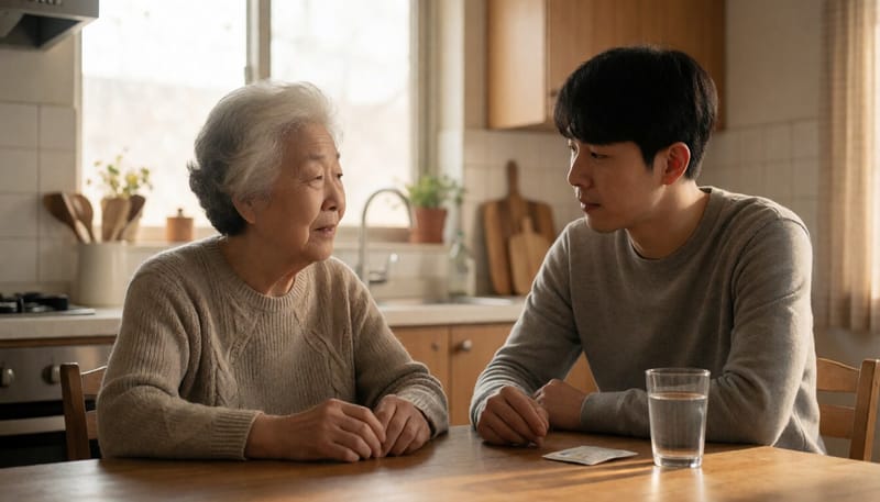 고령자와 보호자가 식탁에서 약 복용을 상의하는 모습