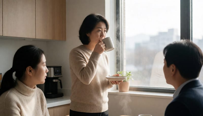 따뜻한 물을 마시며 휴식을 취하는 여성
