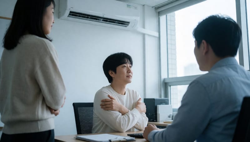 사무실 에어컨 아래서 몸을 움츠리고 있는 직장인