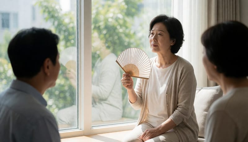 창가에서 부채질하며 힘들어하는 중년 여성의 모습
