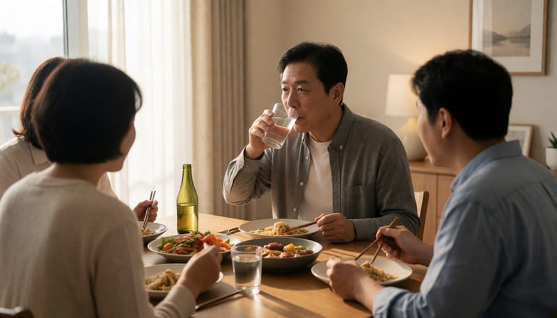 물과 음식을 삼키는 데 어려움을 겪는 남성