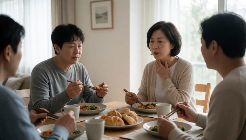 식사 중 목이 걸리는 듯한 불편함을 느끼는 여성