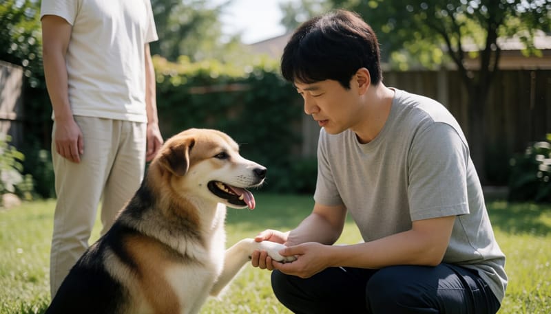 반려견의 엉덩이 부근 피부를 살펴보는 보호자