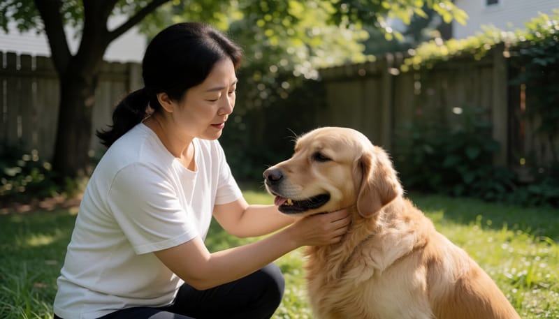 여름철 반려견의 목 주변 피부 상태를 살펴보는 보호자