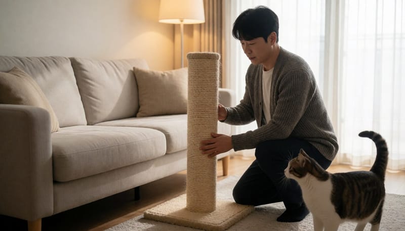 반려인이 소파 옆에 스크래처를 설치하는 모습