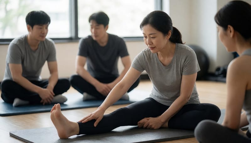 실내 운동 공간에서 가볍게 다리를 풀어주는 여성