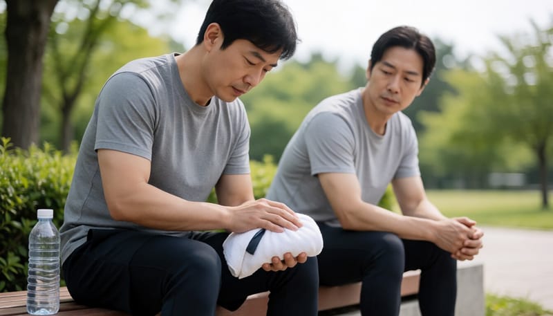 운동 후 벤치에 앉아 허벅지에 냉찜질하는 남성