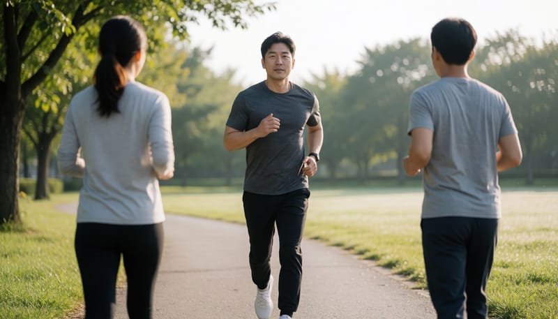 공원에서 가볍게 걸으며 몸을 푸는 운동복 차림의 남성