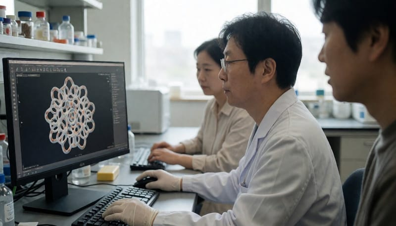 합성세포 구조를 컴퓨터 화면으로 분석하는 연구자