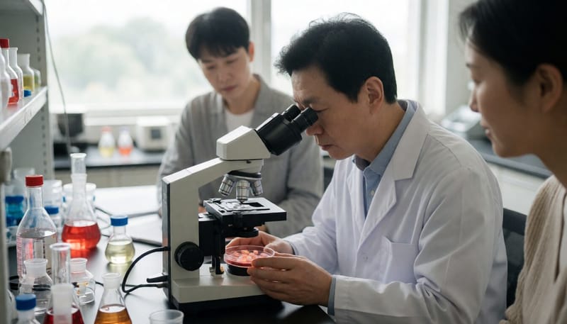 현미경으로 세포 시료를 관찰하는 연구원
