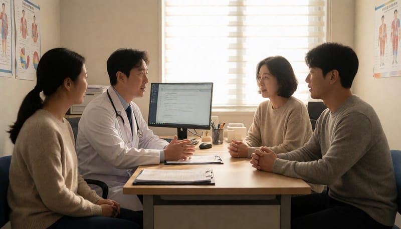 진료실에서 상담을 받는 부부와 의료진