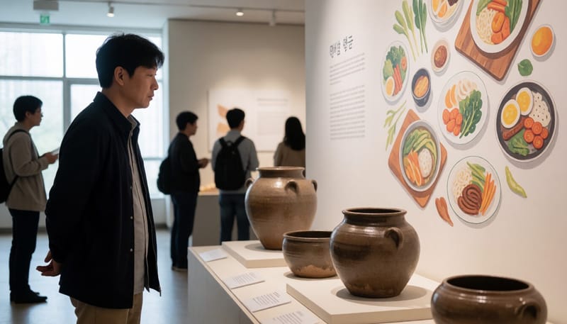 박물관 전시 공간에서 건강 식생활 콘텐츠를 살펴보는 관람객